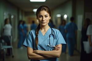 retrato, médico y un mujer enfermero brazos cruzado, en pie con su equipo en el hospital para cuidado de la salud, ai generado foto