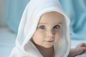 retrato de un linda pequeño bebé con azul ojos en un blanco toalla, retrato de adorable bebé con azul ojos en toalla después baño, ai generado foto