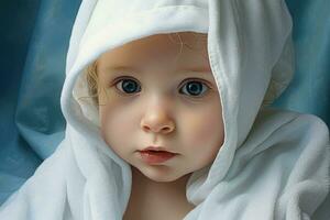 Portrait of a baby wrapped in a white towel on a blue background, Portrait of adorable baby with blue eyes in towel after bath, AI Generated photo