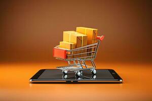 Shopping cart with boxes on the screen of a smartphone. 3d illustration, Product package boxes and shopping bag in cart with laptop computer which web store shop, AI Generated photo