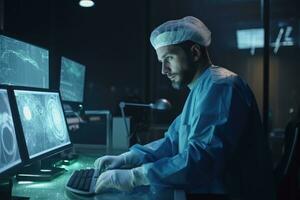 Portrait of a surgeon working on computer in operating room at hospital, Professional male doctor checking patient's condition, AI Generated photo