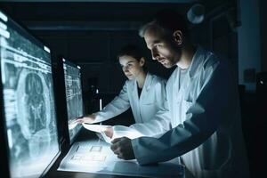 dos doctores mirando a radiografía imagen mientras trabajando en el hospital, profesional neurólogos examinar el Connecticut escanear, ai generado foto