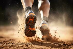 Close-up of running athlete's legs on sand. Sport concept, Rear view closeup sport shoe of racer in running on trail with dust, AI Generated photo