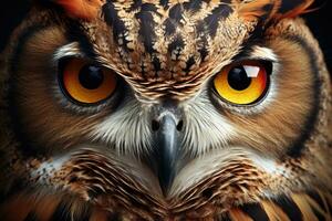 Portrait of a beautiful owl with big eyes. Close-up, realistic Owl headshot with a closeup of face, AI Generated photo