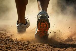 corriendo Zapatos en arena. cerca arriba de masculino atleta pies corriendo en arena pista, posterior ver de cerca deporte zapato de corredor en corriendo en sendero con polvo, ai generado foto