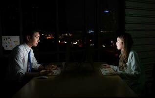 Both of young Asian broker international stock traders working together on desktop at night office, International financial investment company concept photo