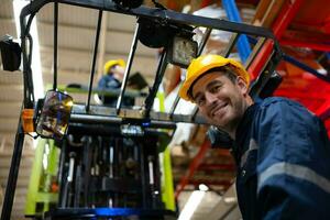 Warehouse workers using forklift to check and counting in a large warehouse. This is a large paper package storage and distribution warehouse. photo