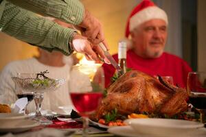 Close-up of senior couple while my son was chopping up a roast turkey for Christmas dinner. photo