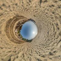 blue hole sphere little planet inside yellow sand round frame with coconut palms background. photo