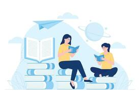 two women reading books studying science concept flat illustration vector