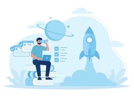 an entrepreneur learns to launch a new business concept flat illustration vector