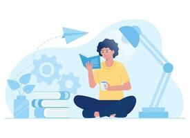 mujer leyendo un libro con un estudiar lámpara concepto plano ilustración vector
