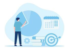man prepares monthly report.with elements  calendar  arrows  charts concept flat illustration vector