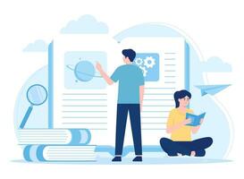 two students search for and read information concept flat illustration vector
