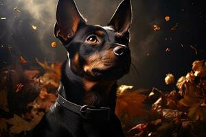 Zwergpinscher poppy on a black and yellow abstract background. Close up portrait. Ai art photo