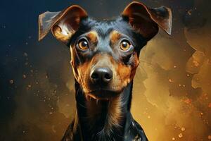 Zwergpinscher poppy on a black and yellow abstract background. Close up portrait. Ai art photo