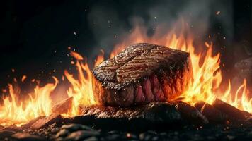 Ai generative, a steak is on fire in the dark video