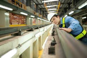 After the electric train is parked in the electric train repair shop, an electric train technician with tools inspect the railway and electric trains in accordance with the inspection round photo