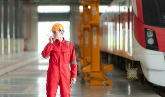 Portrait of a technician using a walkie talkie in front of a train for communicate with his co-workers after inspecting the electric train's machinery repairs. photo