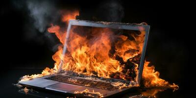 Laptop fiercely burning and smoking. photo