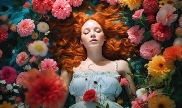 mujer con radiante rojo pelo soportes fuera en un lozano campo de vistoso flores ai generativo. foto