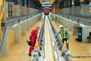 After the electric train is parked in the electric train repair shop, Electric train engineer and technician with tools inspect the railway and electric trains in accordance with the inspection round photo