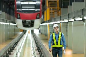 eléctrico vehículo ingeniero con Plano trabajo a inspeccionar el maquinaria de el eléctrico tren según a el inspección redondo. después el eléctrico tren estaba estacionado en el eléctrico tren reparar tienda foto