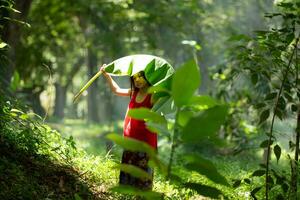 Little asian girl in red dress holding fishing equipment in the forest, Rural Thailand living life concept photo