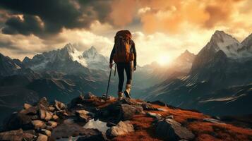 A Lone Trekker's Silhouette Amidst Mountain Grandeur. Generative AI photo