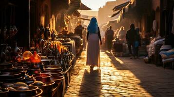 Dusk in the Bazaar. A Vivid Expedition into Moroccan Souks. Generative AI photo