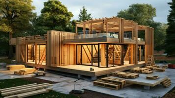 innovador viviendo. construyendo un modular marco de madera casa. generativo ai foto