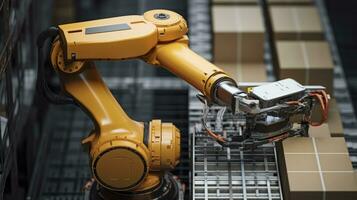 Top View Of Robotic Arm Working On Conveyor Belt In Smart Warehouse. Generative AI photo