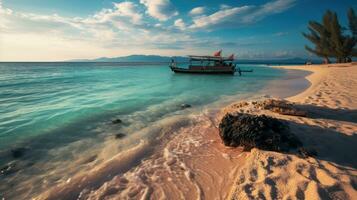 Tranquil Shores. Idyllic Wooden Boats Moored in Pristine Tropical Waters. Generative AI photo