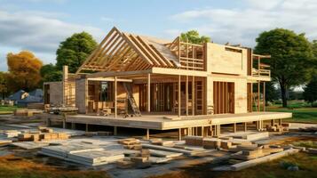 The Creation of Timber Frame Modular Homes. Generative AI photo