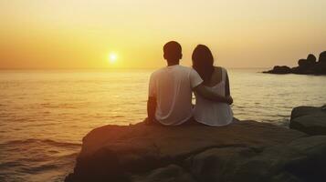 romance en el rocas - un cautivador puesta de sol ver con un Pareja. generativo ai foto