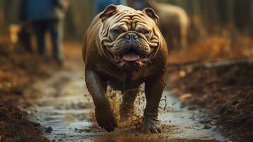 A bulldog covered in dirt, bravely walking on a path filled with mud. Muddy Adventure of a Brave Bulldog. Generative AI photo