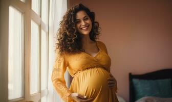 Joyful pregnant Latina with a loving touch on her abdomen. AI generative. photo