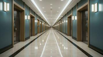 Illuminated Elegance. An Empty Hotel Corridor Adorned with LED Lights. Generative AI photo