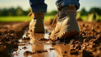 el historia de agricultores' escabroso botas en medio de trabajar. generativo ai foto