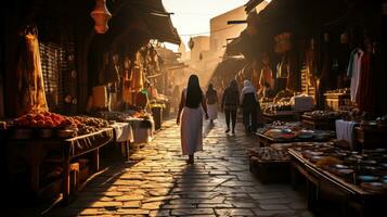 explorador el vibrante y exótico marroquí zocos a puesta de sol. generativo ai foto