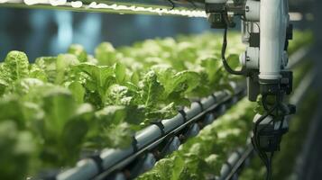Close Up Automatic Agricultural Technology With Of Robotic Arm Harvesting Lettuce In Vertical Hydroponic Plant. Generative AI photo
