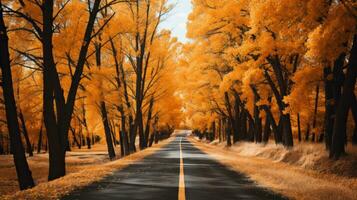 Fall's Embrace. A Serene Roadway Blanketed in Orange and Yellow Foliage. Generative AI photo