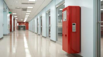 Safety First. Fire Extinguisher Cabinet in a Pristine Hospital Hallway. Generative AI photo
