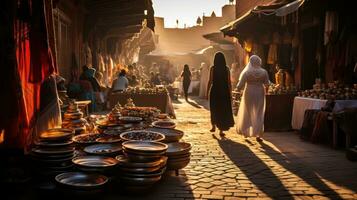 Sunset Splendor. A Journey Through the Vibrant Moroccan Souks. Generative AI photo