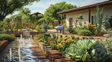 el ahorro de agua jardín prácticas, exhibiendo goteo irrigación sistemas y tolerante a la sequía plantas. generativo ai foto