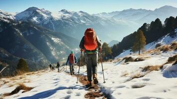 People walking with snowshoes in the snowy mountains. Generative AI photo