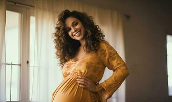 Joyful pregnant Latina with a loving touch on her abdomen. AI generative. photo