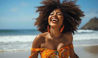 sonriente mujer abrazando el tropical serenidad. ai generativo. foto