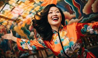 elegante mujer en vibrante kimono, epítome de japonés arte. ai generativo. foto