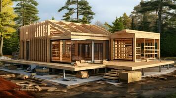 The Creation of Timber Frame Modular Homes. Generative AI photo